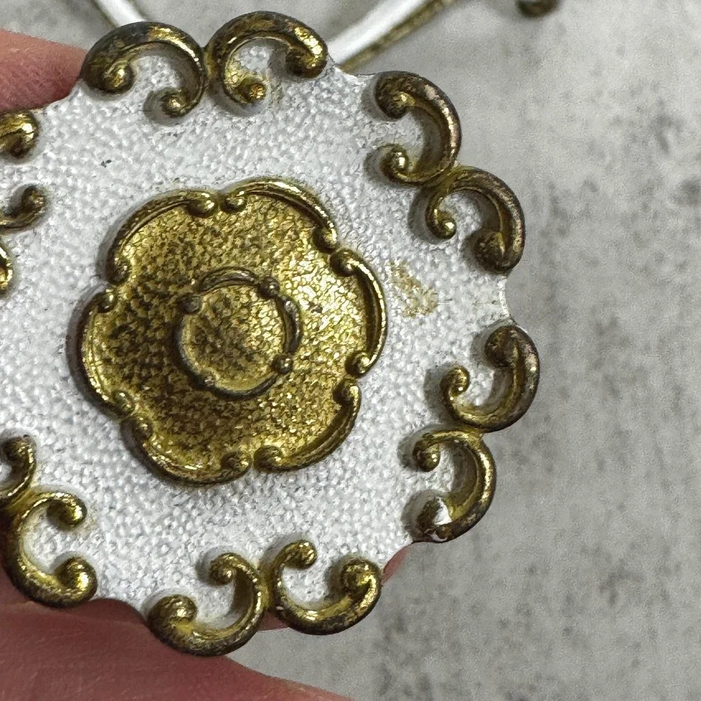 Vtg French Provincial Dresser Hardware: Brass & White Handles Knobs, Set of 6